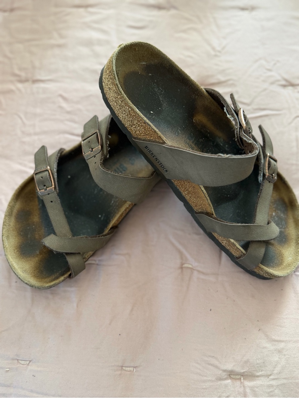 Birkenstock Olive Green Leather Toe-Post Sandals